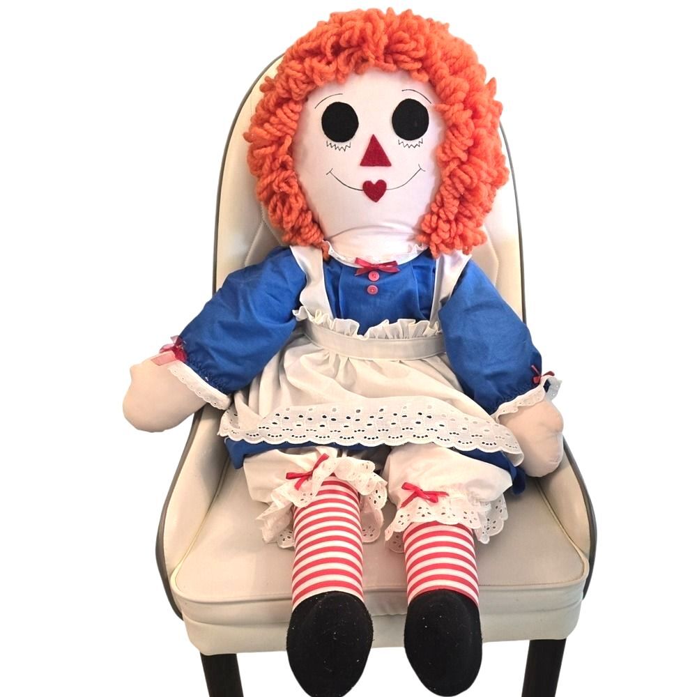 Vtg 70s 80s Raggedy Ann Doll 36" Jumbo Handmade Cloth Red Yarn Hair Blue Dress